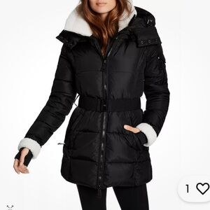 SAM. Courtney Real Lamb Shearling Trim Hooded Puffer Coat Black